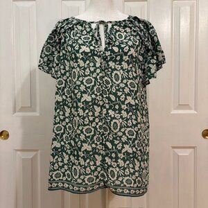 Max Studio Green Floral Tie Neck Blouse with Flutter Sleeves Size Medium